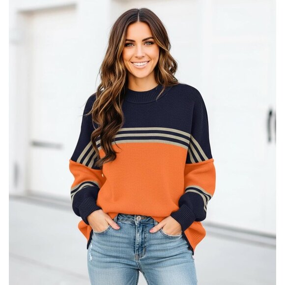 Women's Pumpkin Batwing Long Sleeve Crew Neck Striped Oversized Pullover Sweater - Picture 4 of 5
